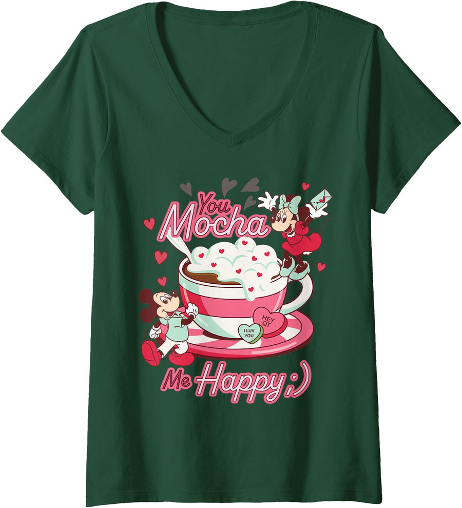 Womens Disney Mickey & Minnie Valentine's Day You Mocha Me Happy V-Neck T-Shirt - Dark Green