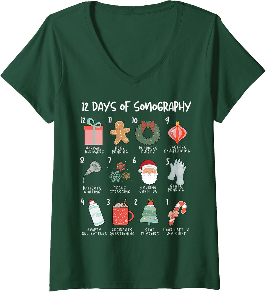Women's 12 Days of Sonography Christmas Ultrasound Tech Sonographer V-Neck T-Shirt - Dark Green
