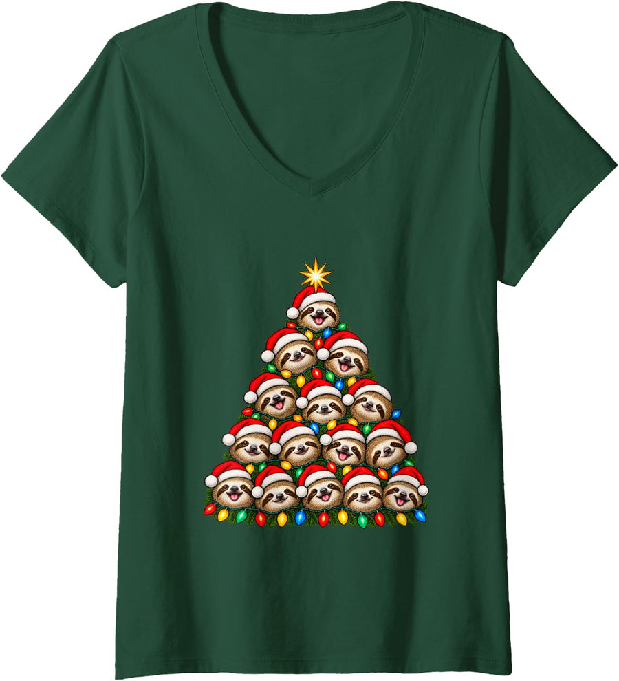 Women's Sloths Christmas Tree Cute Santa Hat Sloth Lover Xmas V-Neck T-Shirt - Dark Green