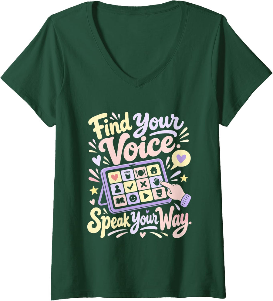 Women's AAC Communication Board for Neurodiversity Awareness V-Neck T-Shirt - Dark Green