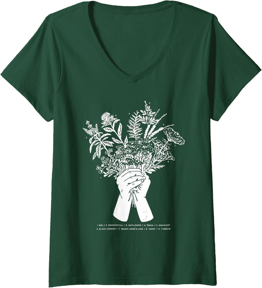 Women's Herbs for Reproductive Freedom Herb Herbalist Plant Lover V-Neck T-Shirt - Dark Green