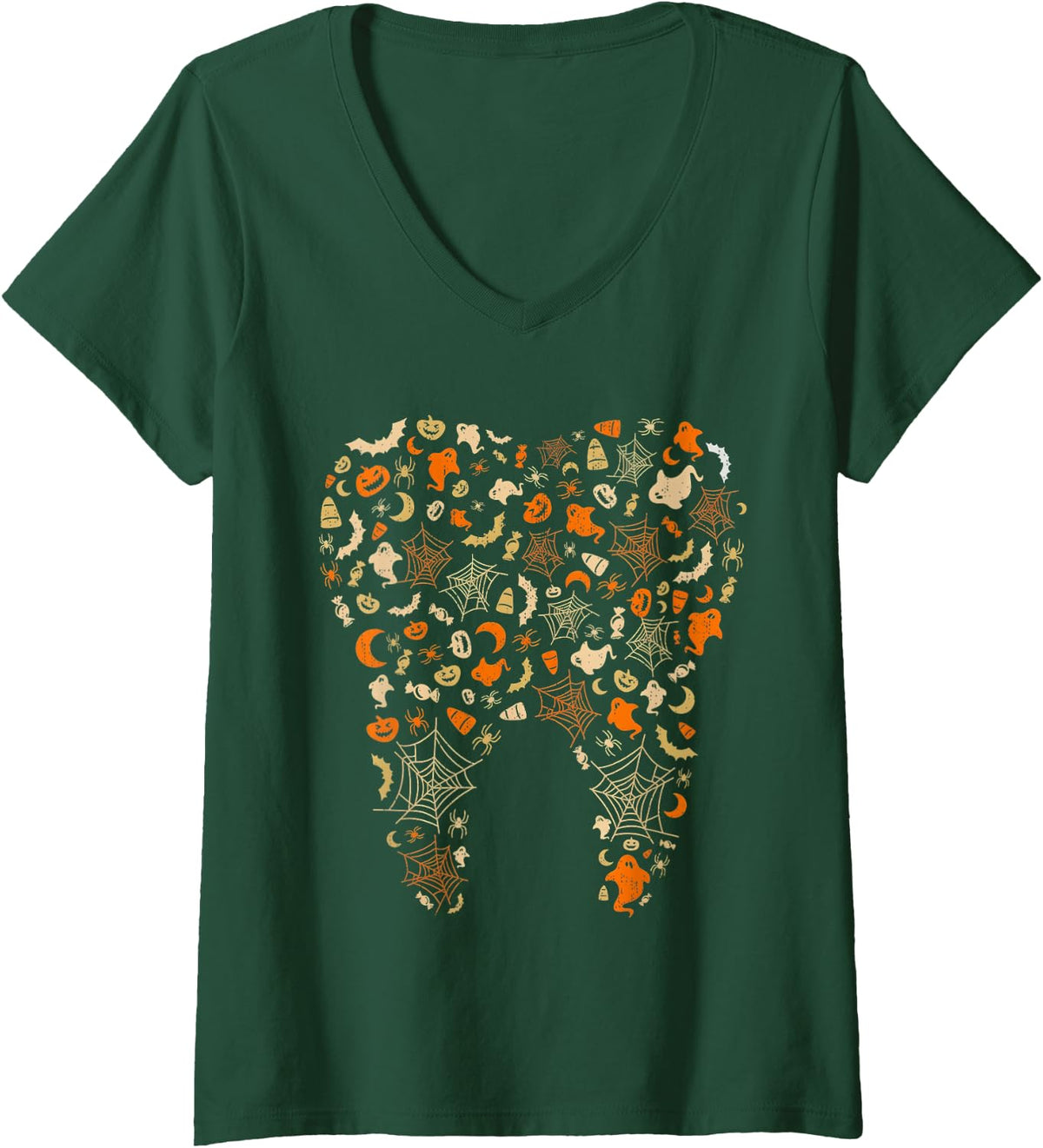 Women's Halloween Tooth Dentist Dental Hygienist Ghost Pumpkin V-Neck T-Shirt - Dark Green
