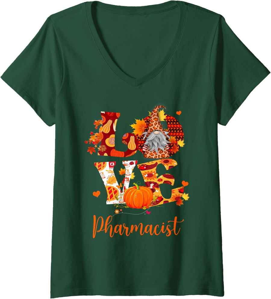 Women's Fall Leopard Love Pharmacist Thanksgiving Gnome V-Neck T-Shirt - Dark Green
