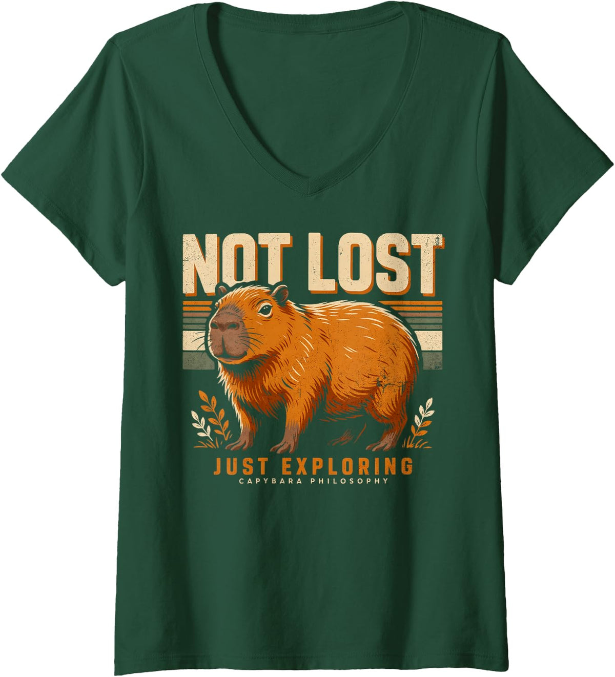Women's Not Lost Just Exploring Capybara Philosophy V-Neck T-Shirt - Dark Green