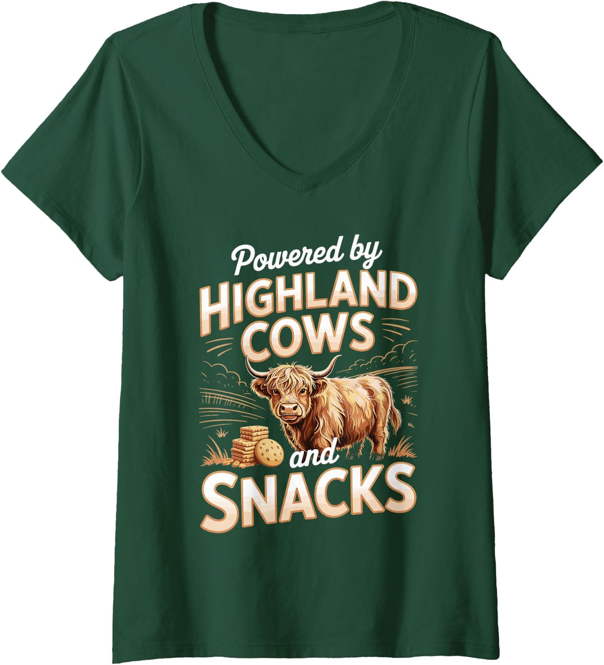 Women's Powered By Highland Cows and Snacks V-Neck T-Shirt - Dark Green