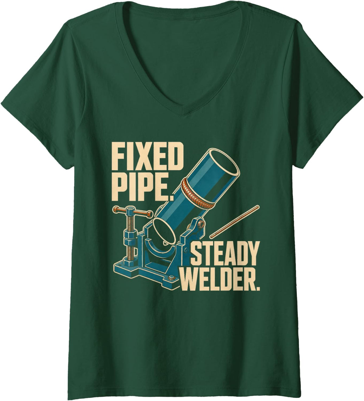 Women's Fixed Pipe Steady Welder Welding Pipefitter V-Neck T-Shirt - Dark Green