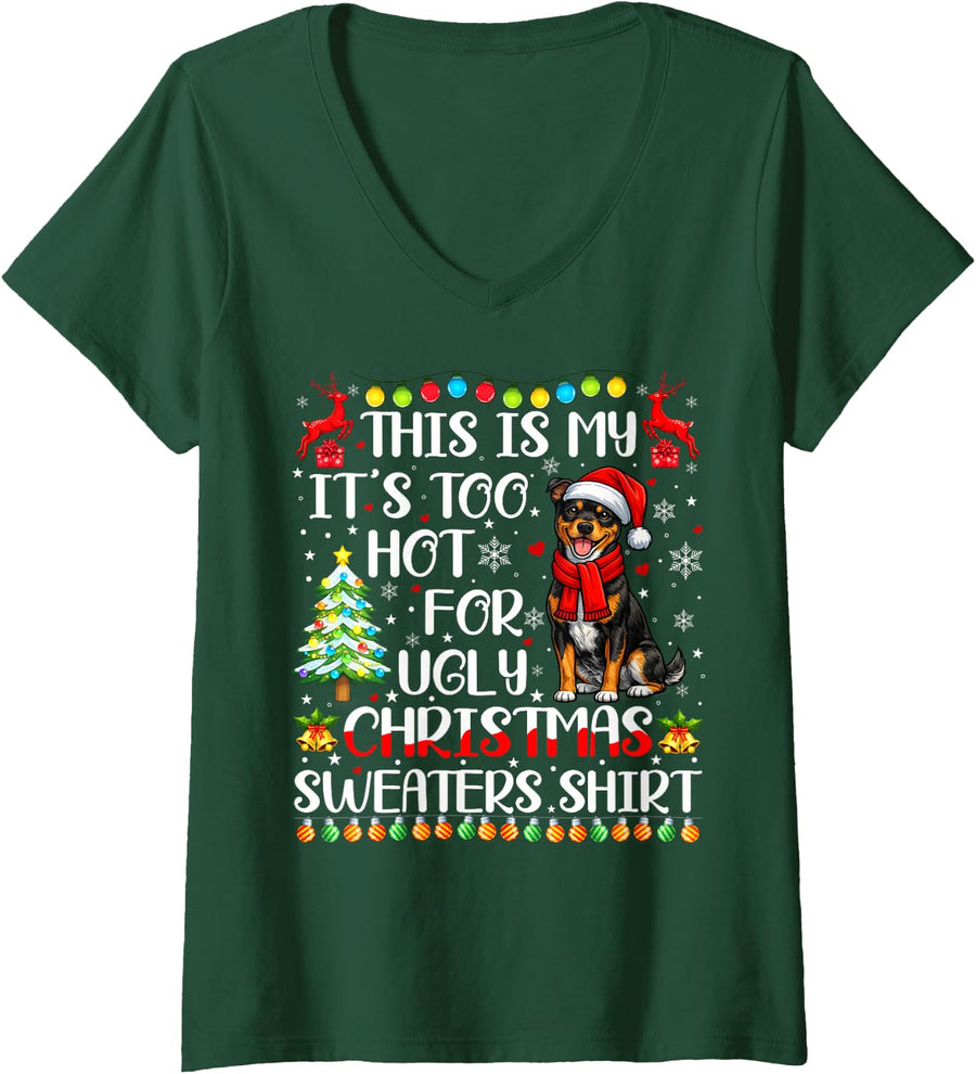 Women's Ugly Christmas Sweaters Staffordshire Bull Terrier Dog Xmas V-Neck T-Shirt - Dark Green