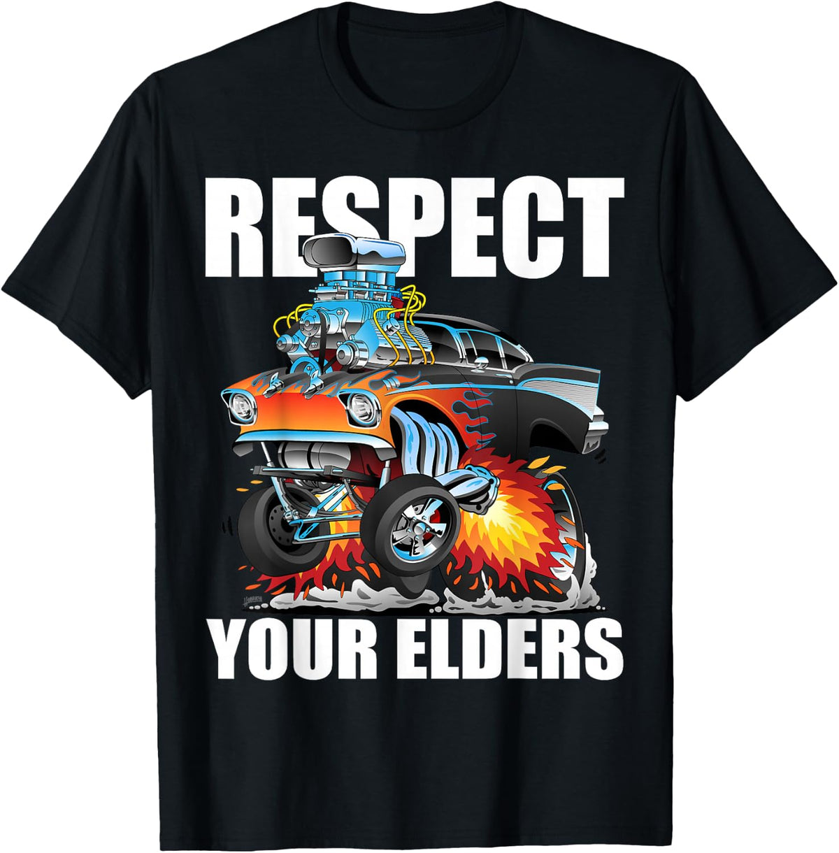 Funny Respect Your Elders Classic Hotrod Muscle Car Cartoon T-Shirt - Black
