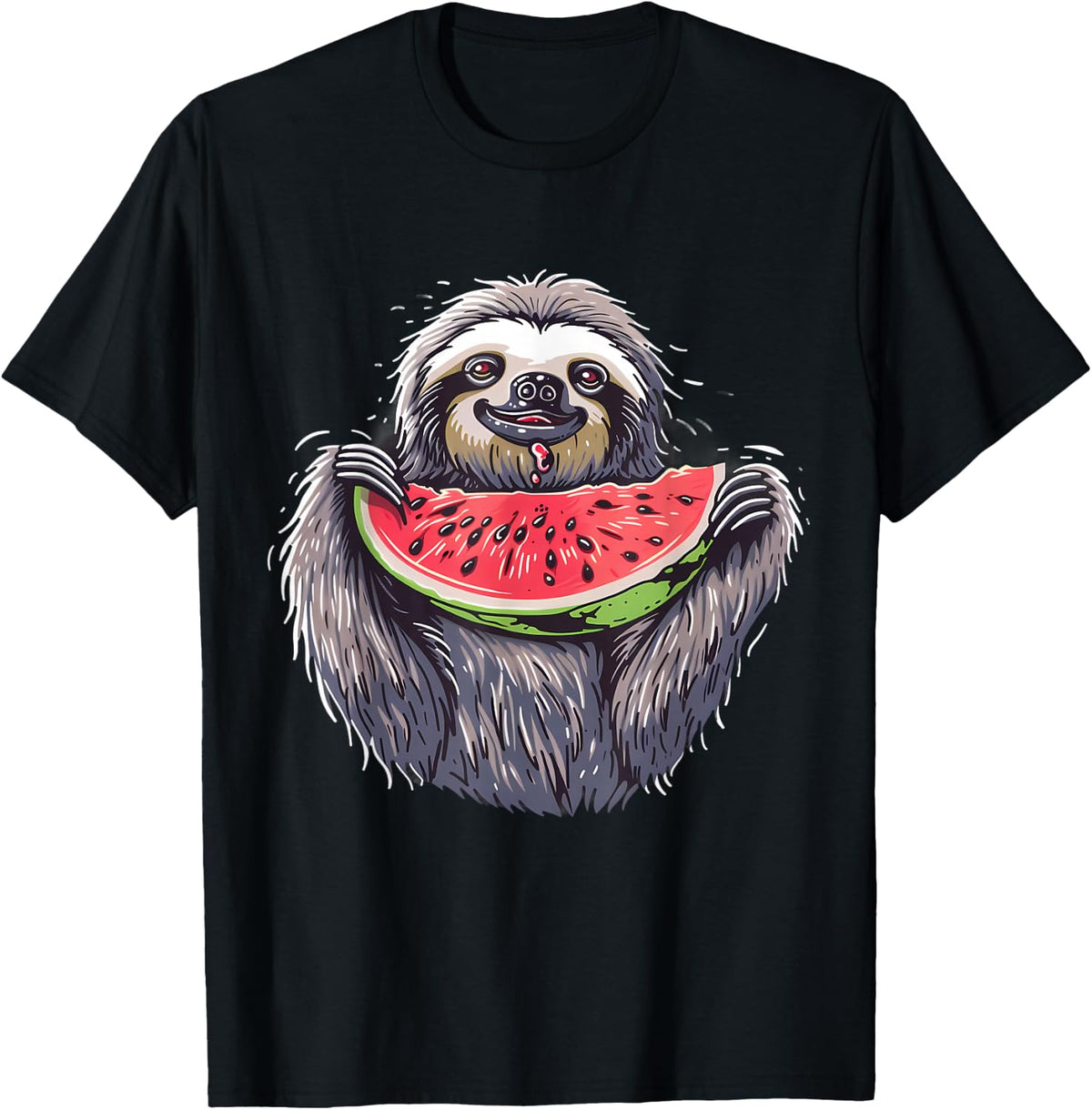Watermelon Sloth Watermelon Fruit Watercolor Drawing Artwork T-Shirt - Black