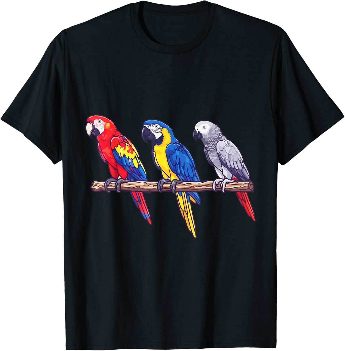 Macaws and African Grey Parrot Exotic Bird Illustration T-Shirt - Black