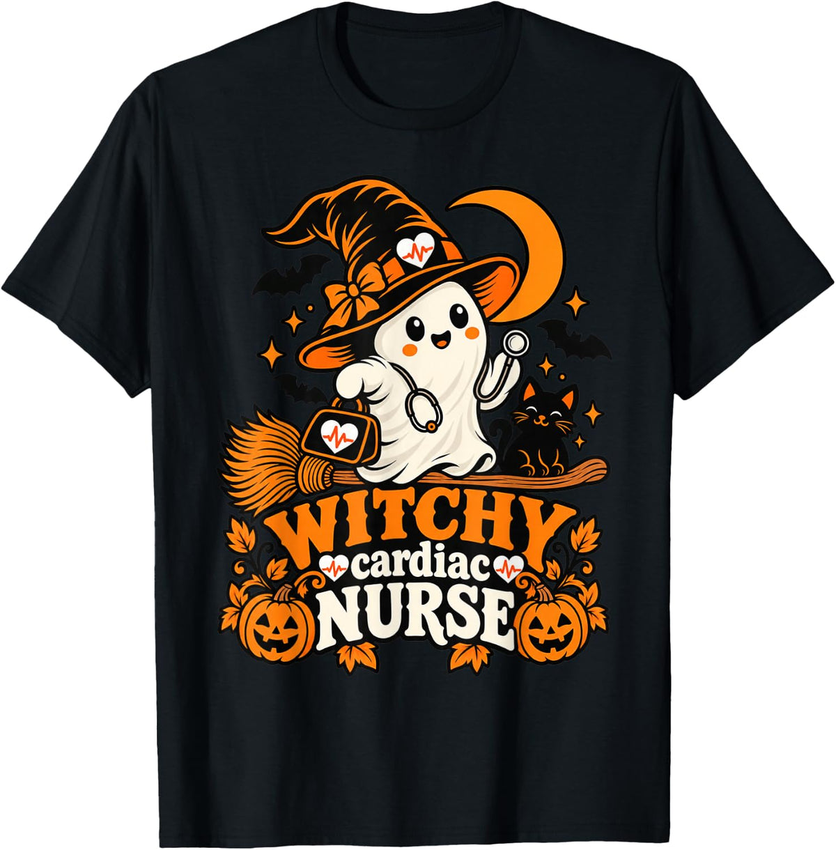 Funny Witchy Cardiac Nurse Ghost Halloween T-Shirt - Black