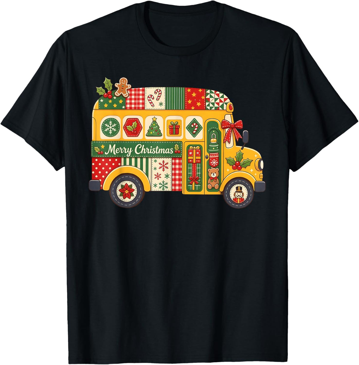 Merry Christmas Printed Patchwork School Bus Driver Holiday T-Shirt - Black