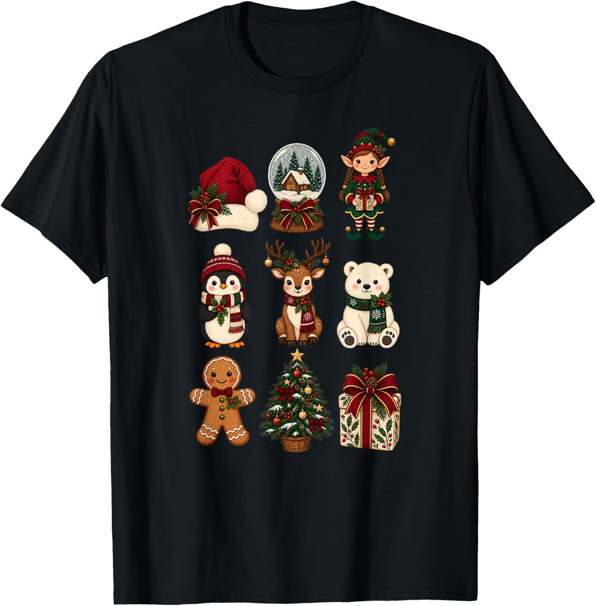 Kids Christmas Elf Reindeer Snowman Gingerbread T-Shirt - Black