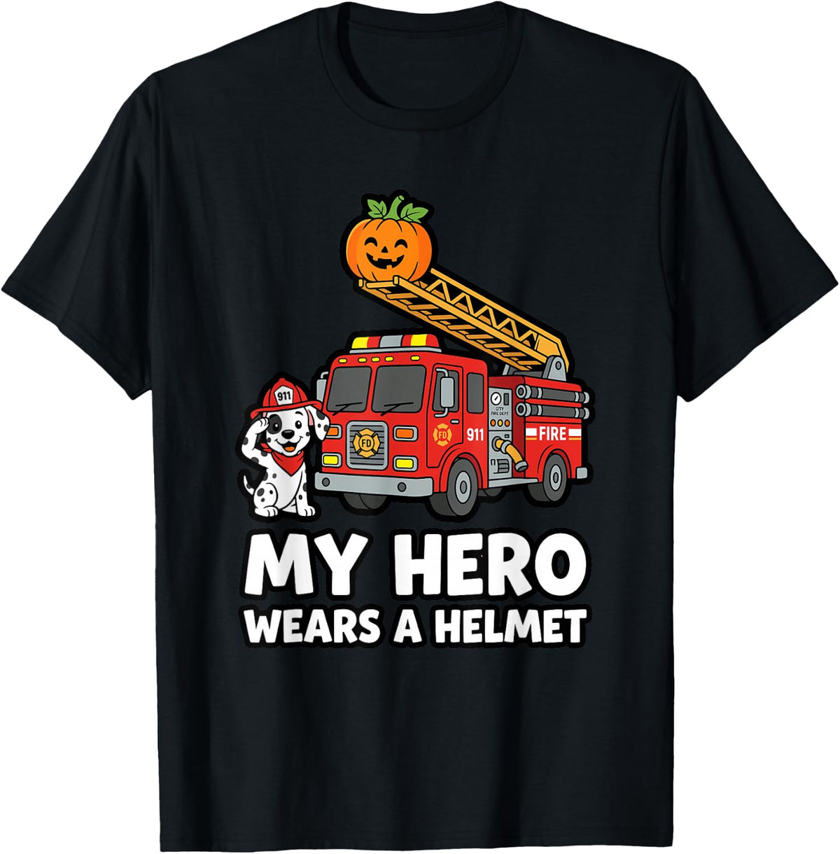 Kids Cute Helmet Firefighter Halloween Fire Truck Cute Dog T-Shirt - Black