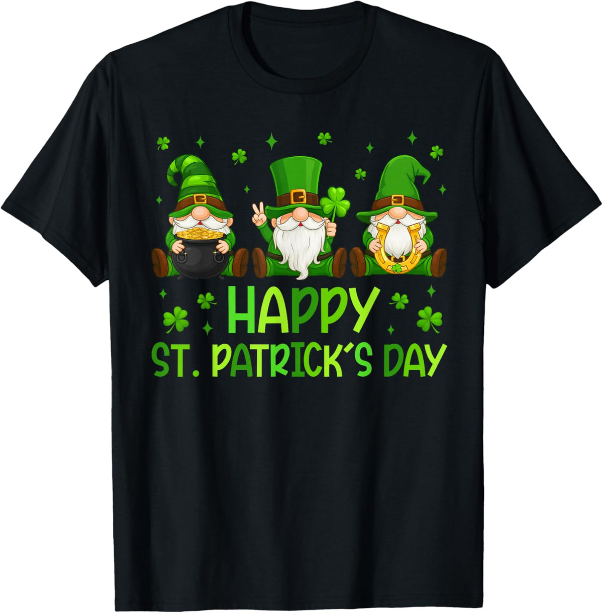 Three Gnomes Holding Shamrock Happy St Patrick's Day Women T-Shirt - Black