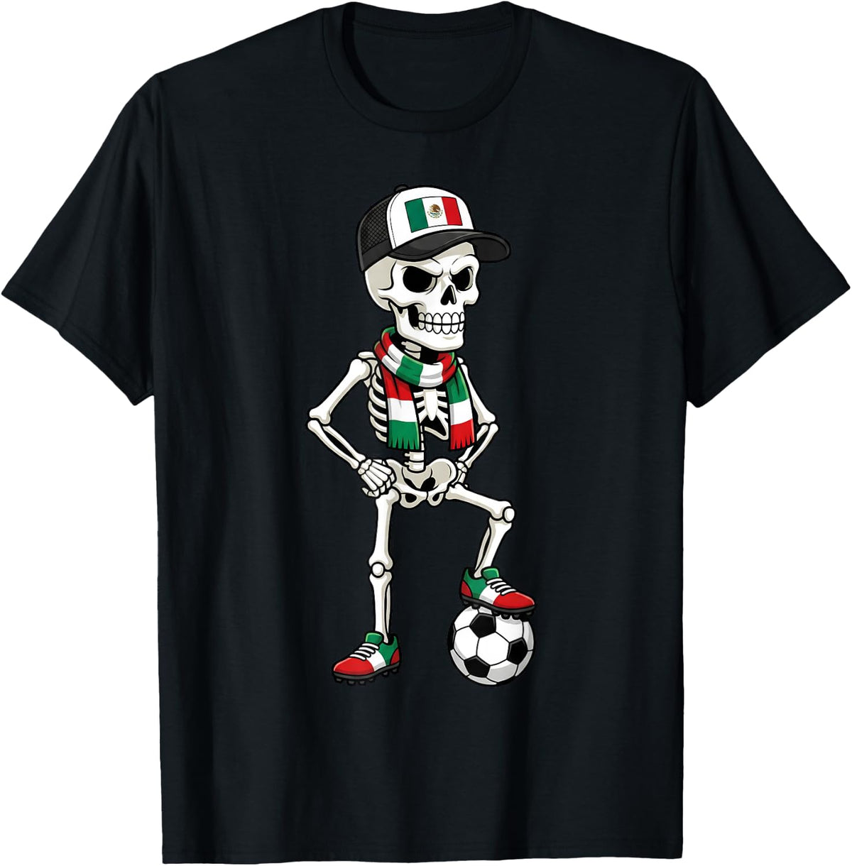 Mexican Flag Soccer Ball Skeleton T-Shirt - Black