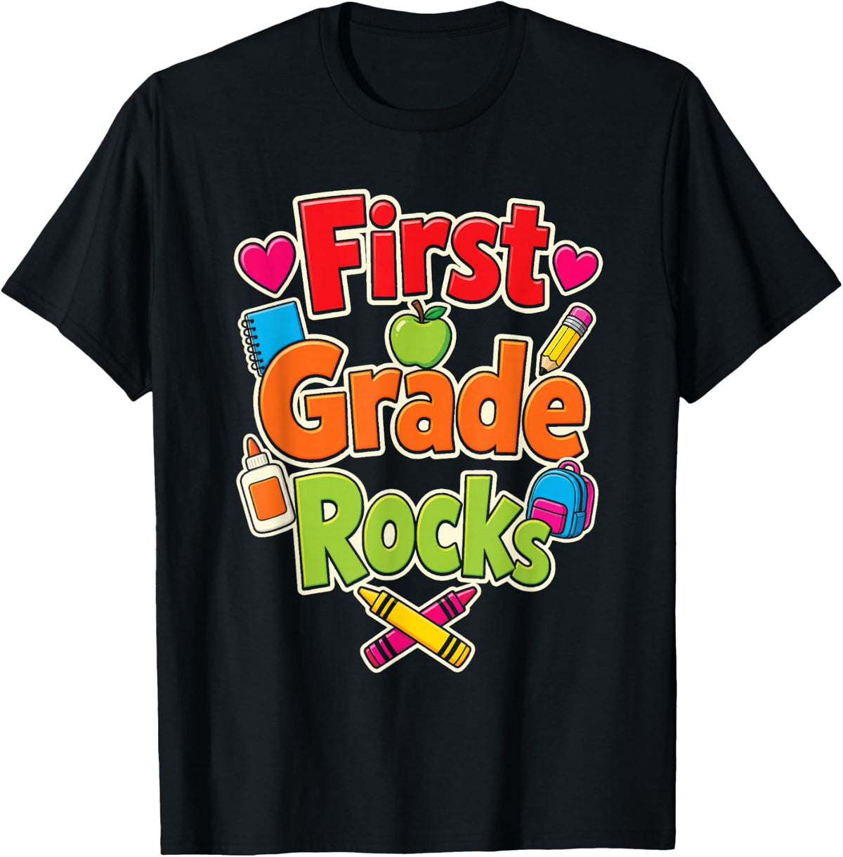 First Grade Rocks 1st Grade Apple Crayons Kids Day One T-Shirt - Black