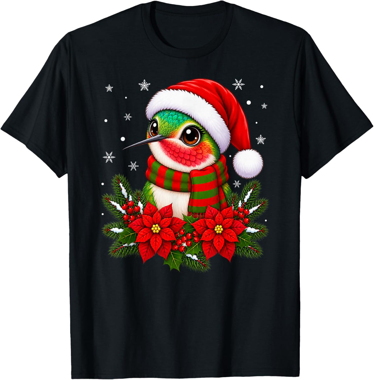 Cute Festive Flowers Santa Hat Hummingbird Christmas T-Shirt - Black
