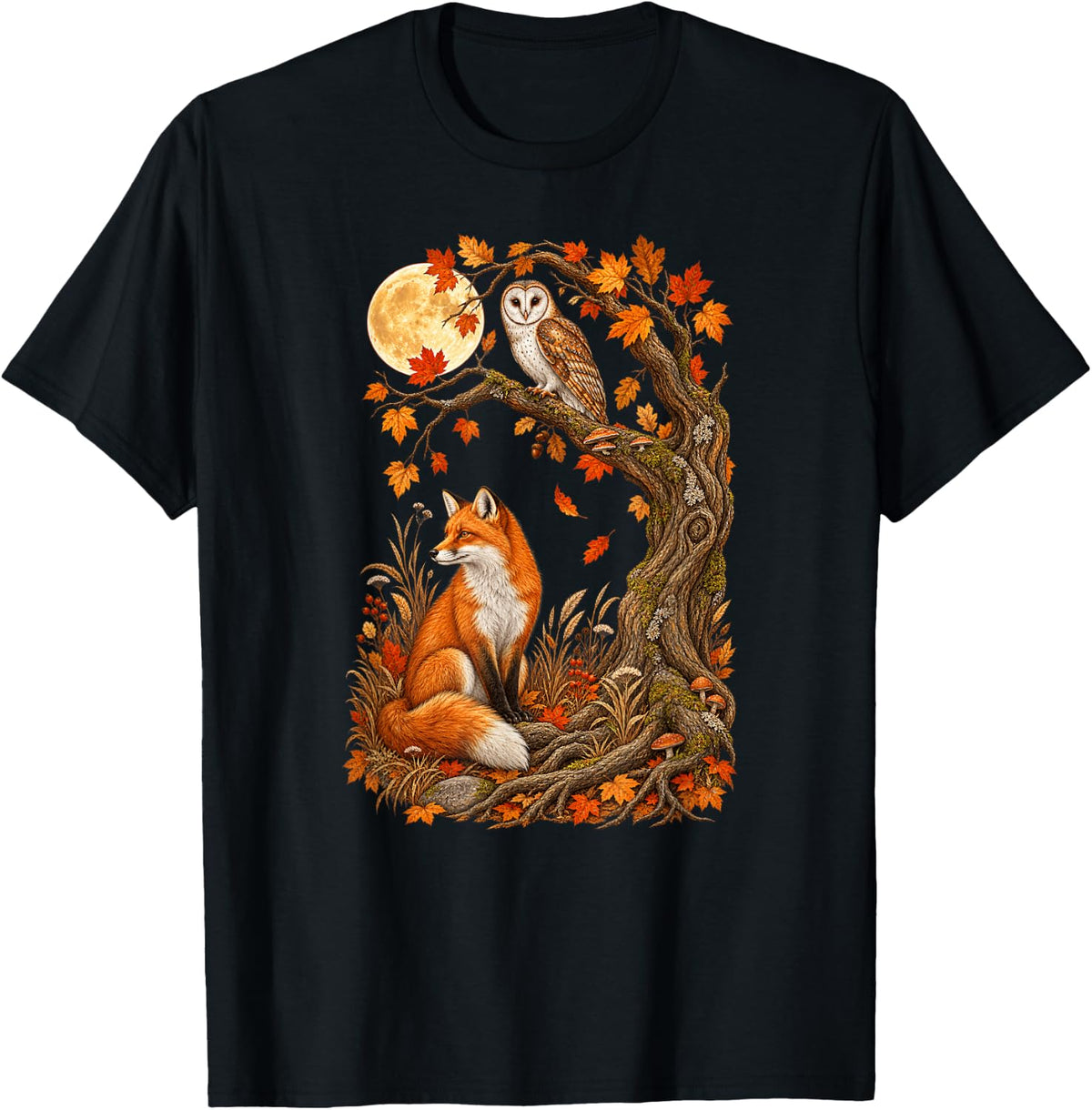 Owl and Fox Autumn Forest Moon Wildlife T-Shirt - Black