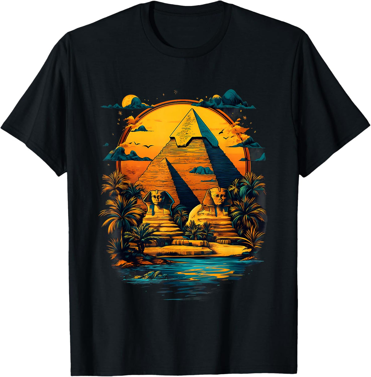 Ancient Egypt Sphinx Pyramid Sunset Tutankhamun Egyptian God T-Shirt - Black