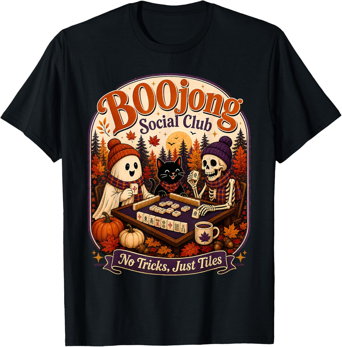 Halloween Mahjong Card Game Funny Ghost Skeleton Matching T-Shirt - Black