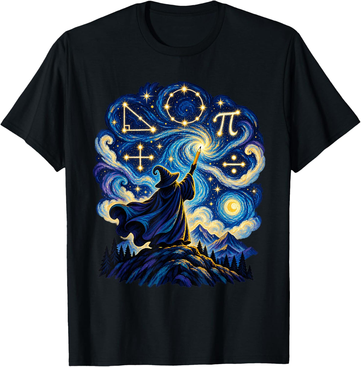 Starry Night Math Wizard Geometry Pi Algebra T-Shirt - Black