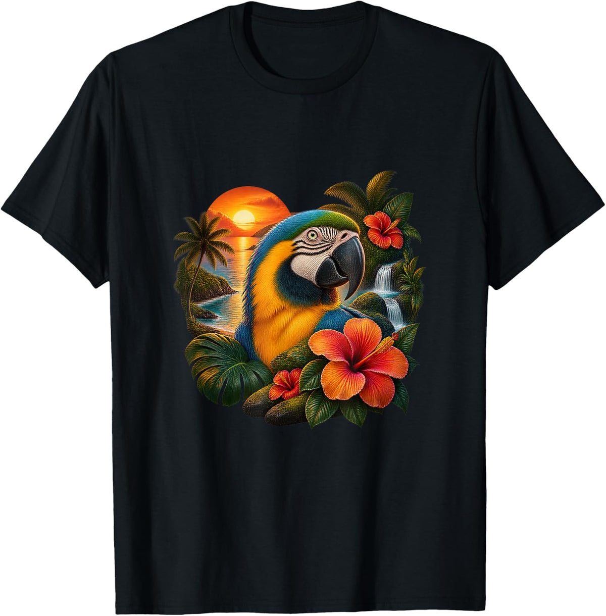 Blue and Gold Macaw with Hibiscus Sunset T-Shirt - Black