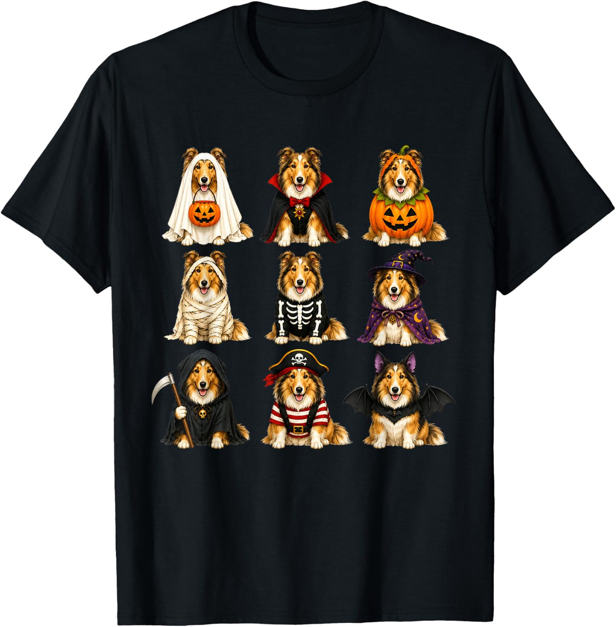 Halloween Collie Squad Pumpkin Vampire Mummy Witch Dog T-Shirt - Black