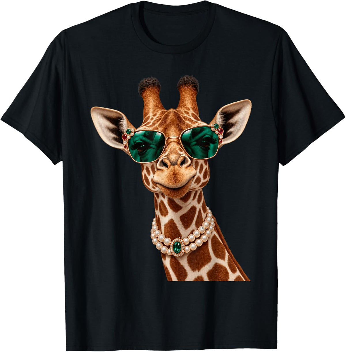 Giraffe with Sunglasses and Pearls T-Shirt - Black