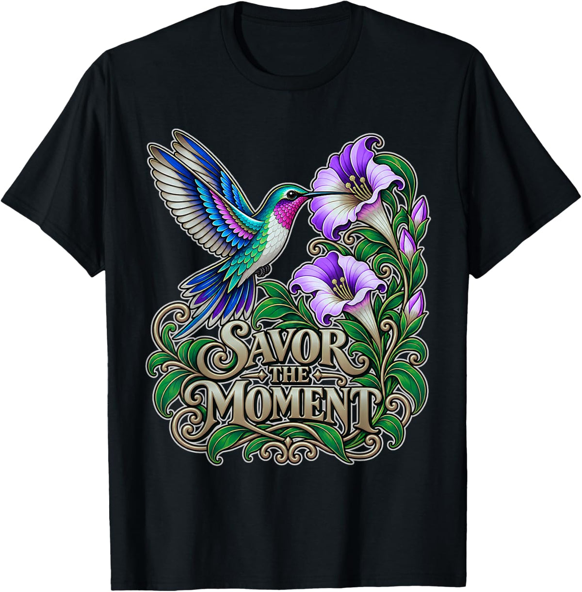 Hummingbird Lover Floral Garden Nature Inspiration T-Shirt - Black