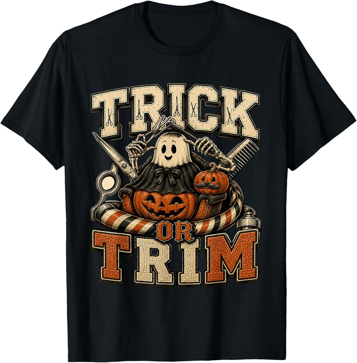 Funny Ghost Hair Stylist Trick or Trim Halloween Barber T-Shirt - Black