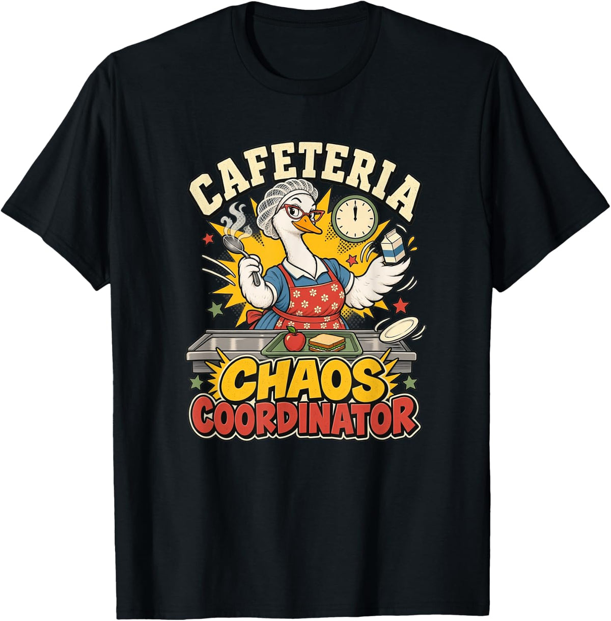 Cafeteria Chaos Coordinator Lunch Lady Cartoon Design T-Shirt - Black