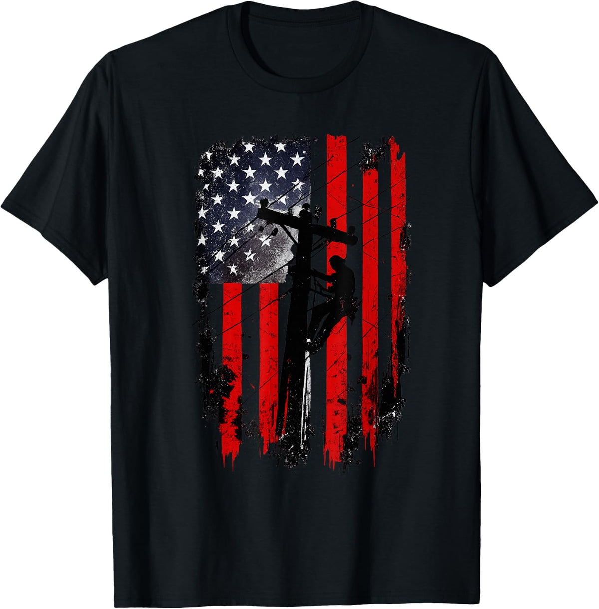 American Flag Lineman Patriotic Electric Worker T-Shirt - Black