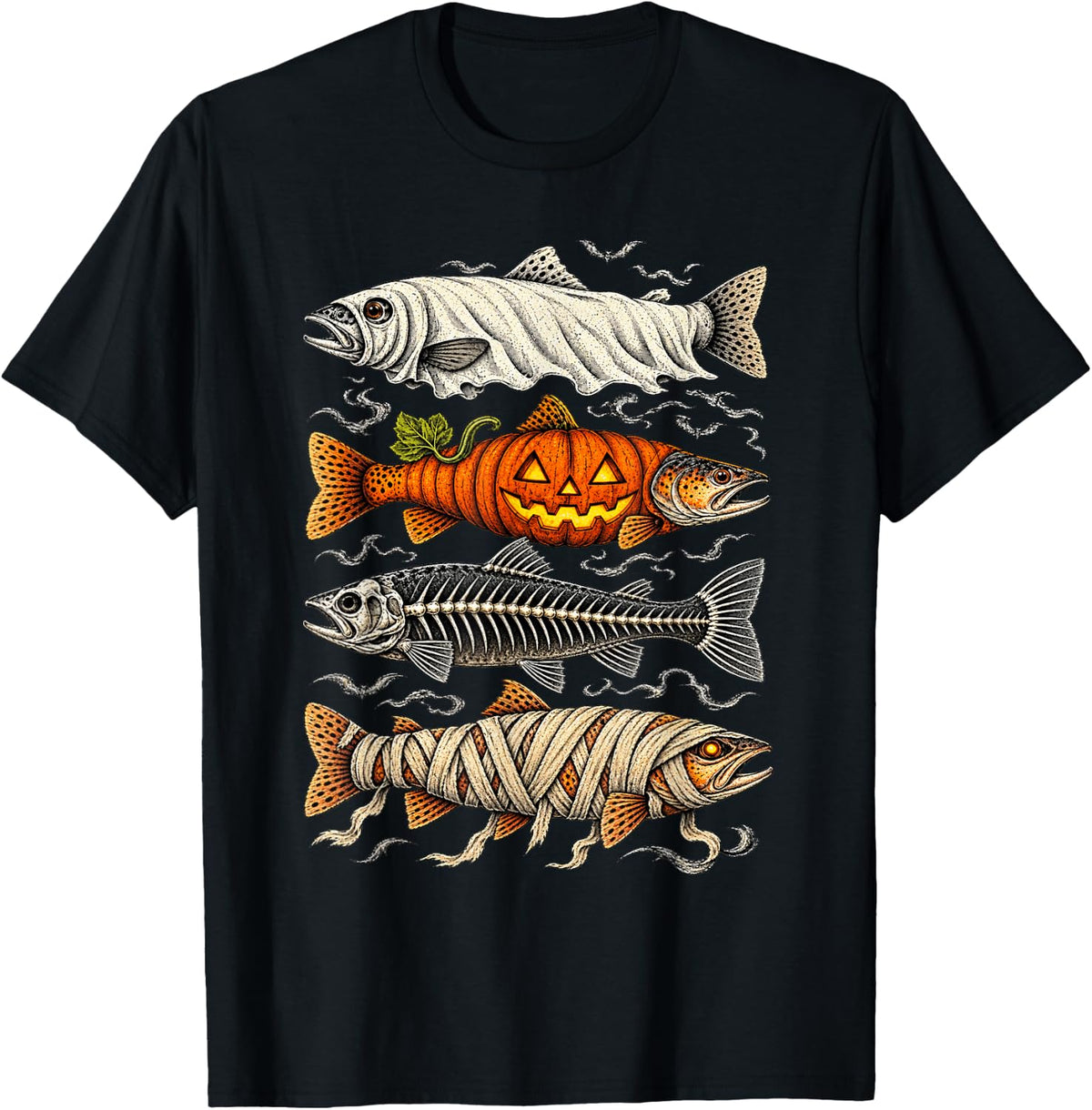 Halloween Trout Fish Fishing Ghost Pumpkin Skeleton Spooky T-Shirt - Black