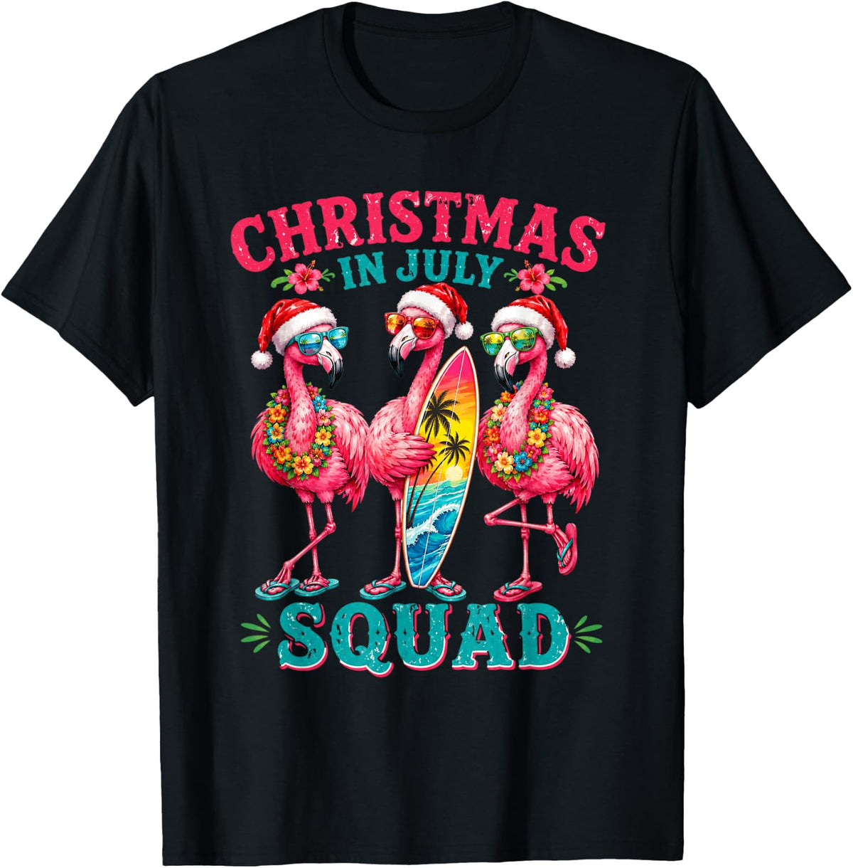 Christmas in July Squad Flamingo Beach Summer T-Shirt - Black