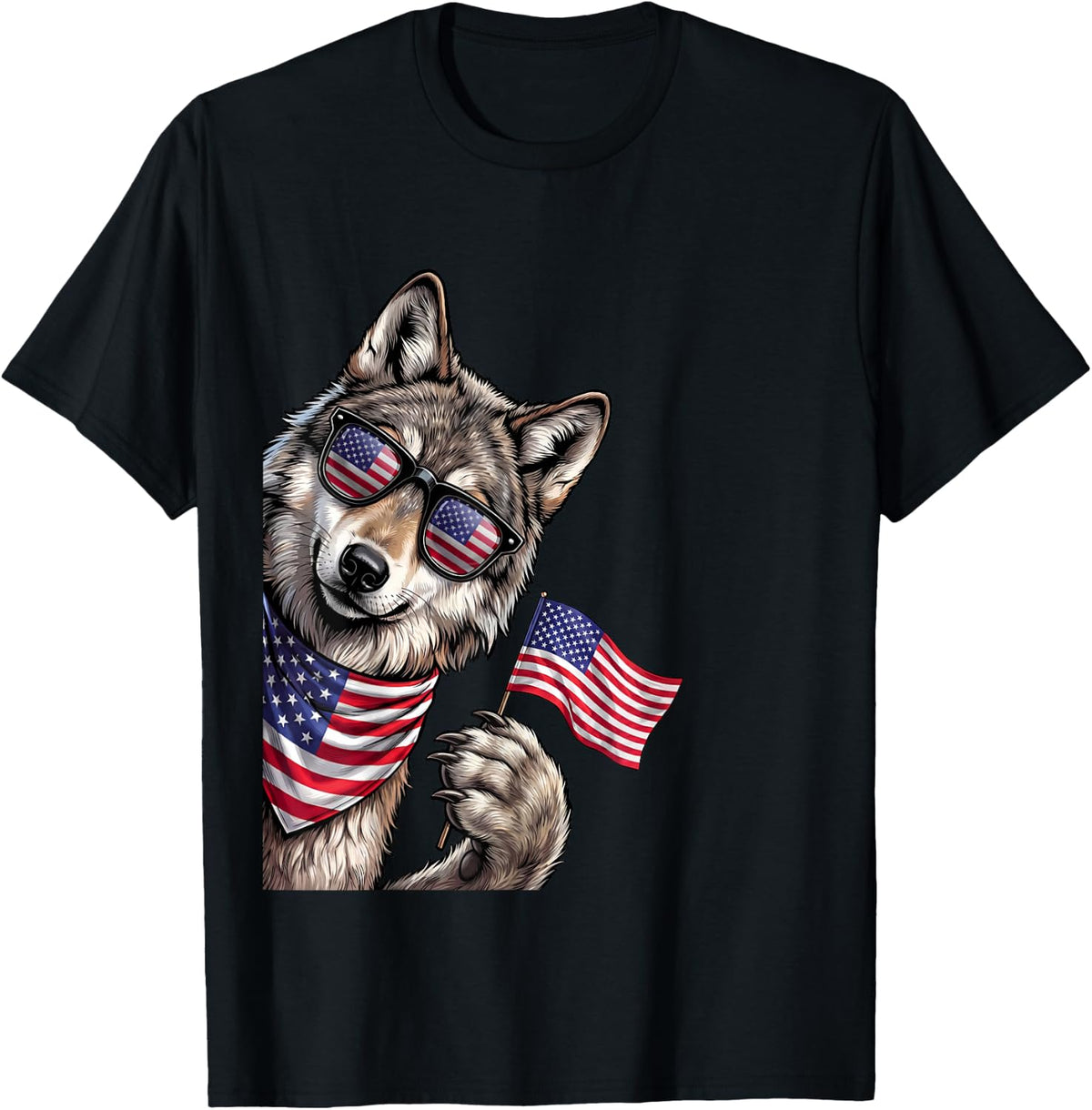Wolf Patriotic American Flag Wolves 4th of July USA T-Shirt - Black