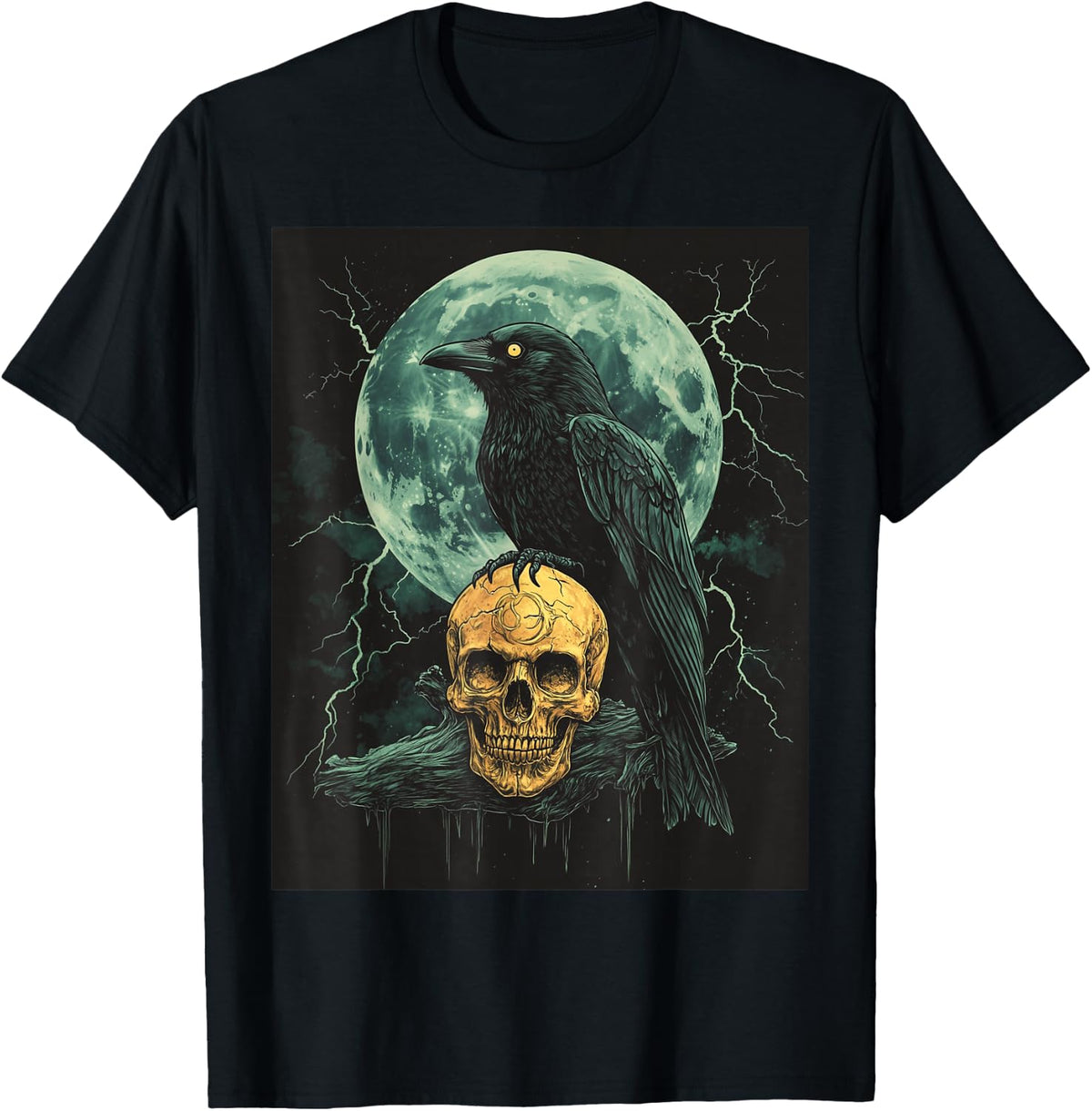 Raven Skull Moon Men Black Gothic Women Black Crow T-Shirt - Black