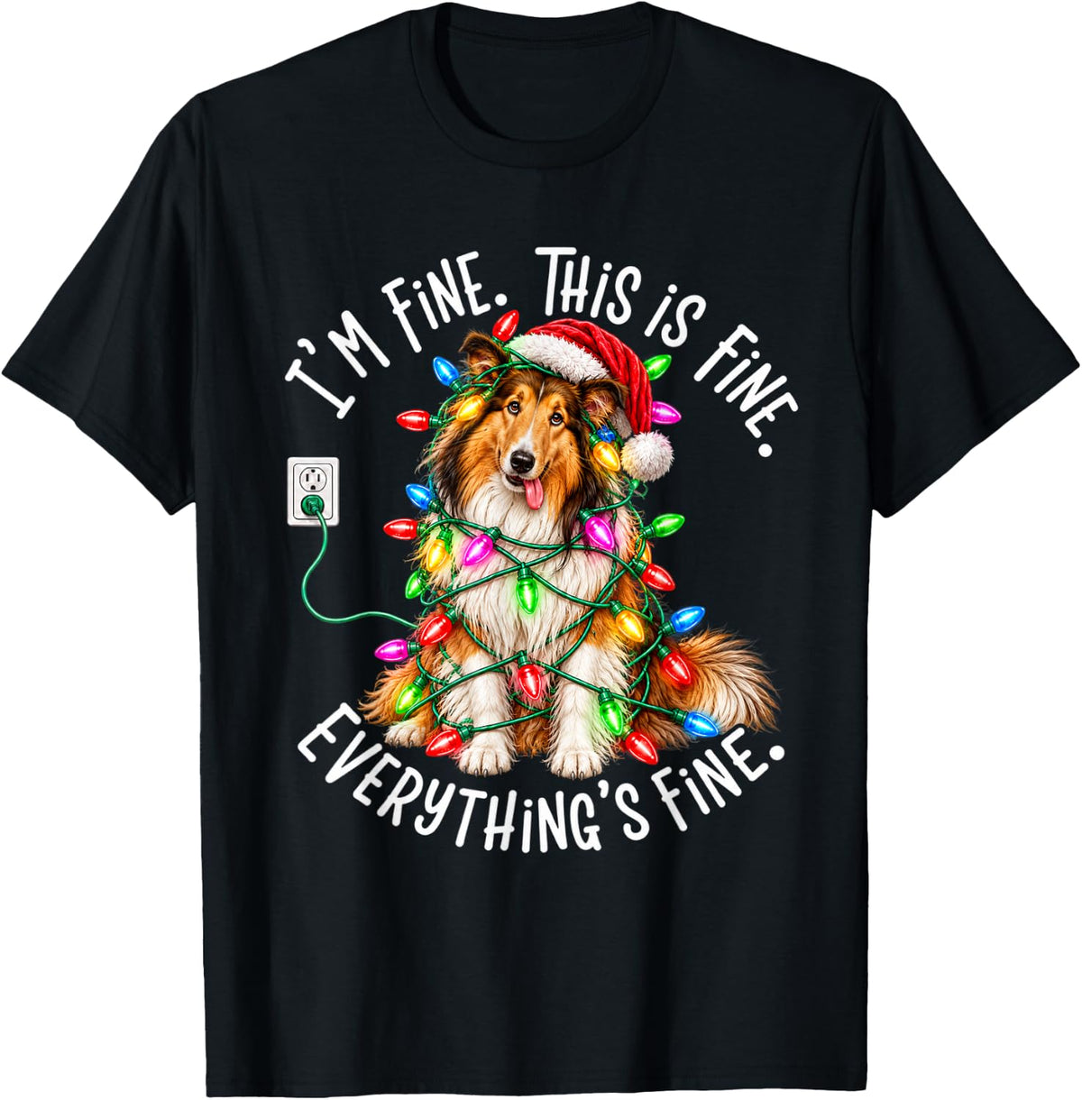 Funny Collie Christmas Lights Dog Lover Xmas T-Shirt - Black