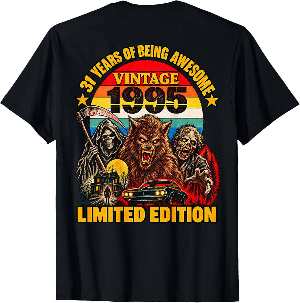 (Back) Vintage 1995 31st Birthday Horror Werewolf Halloween T-Shirt - Black