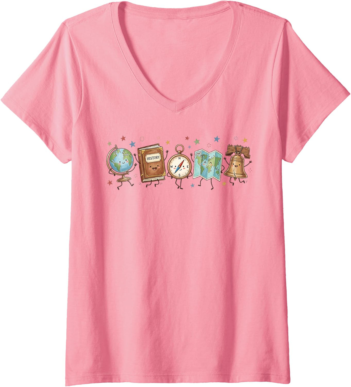 Women's History Teacher Globe Book Map Liberty Bell Back to School V-Neck T-Shirt - Pink