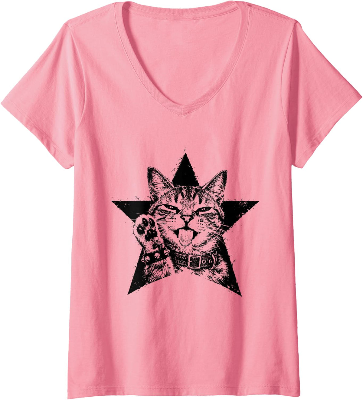 Women's Sassy Cat with Star 2000s Y2k Grunge Aesthetic Punk Kitten V-Neck T-Shirt - Pink