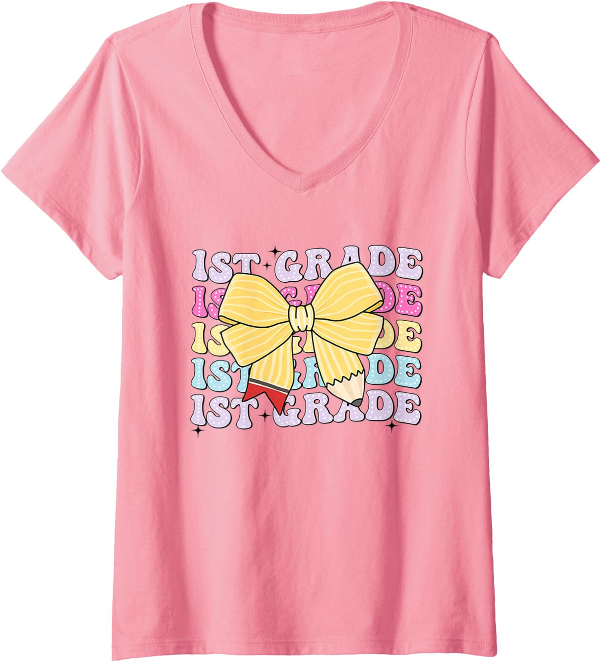 Women's Retro First Grade Teacher Coquette Bow Pencil Back to School V-Neck T-Shirt - Pink