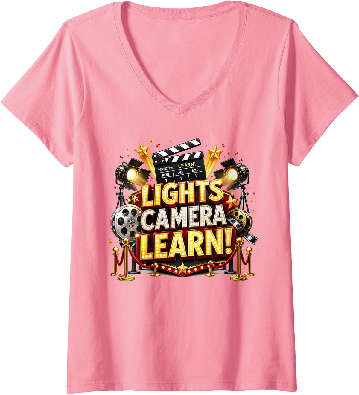 Women's Movie Theatre Broadway Director Actor Lights Camera Learn V-Neck T-Shirt - Pink