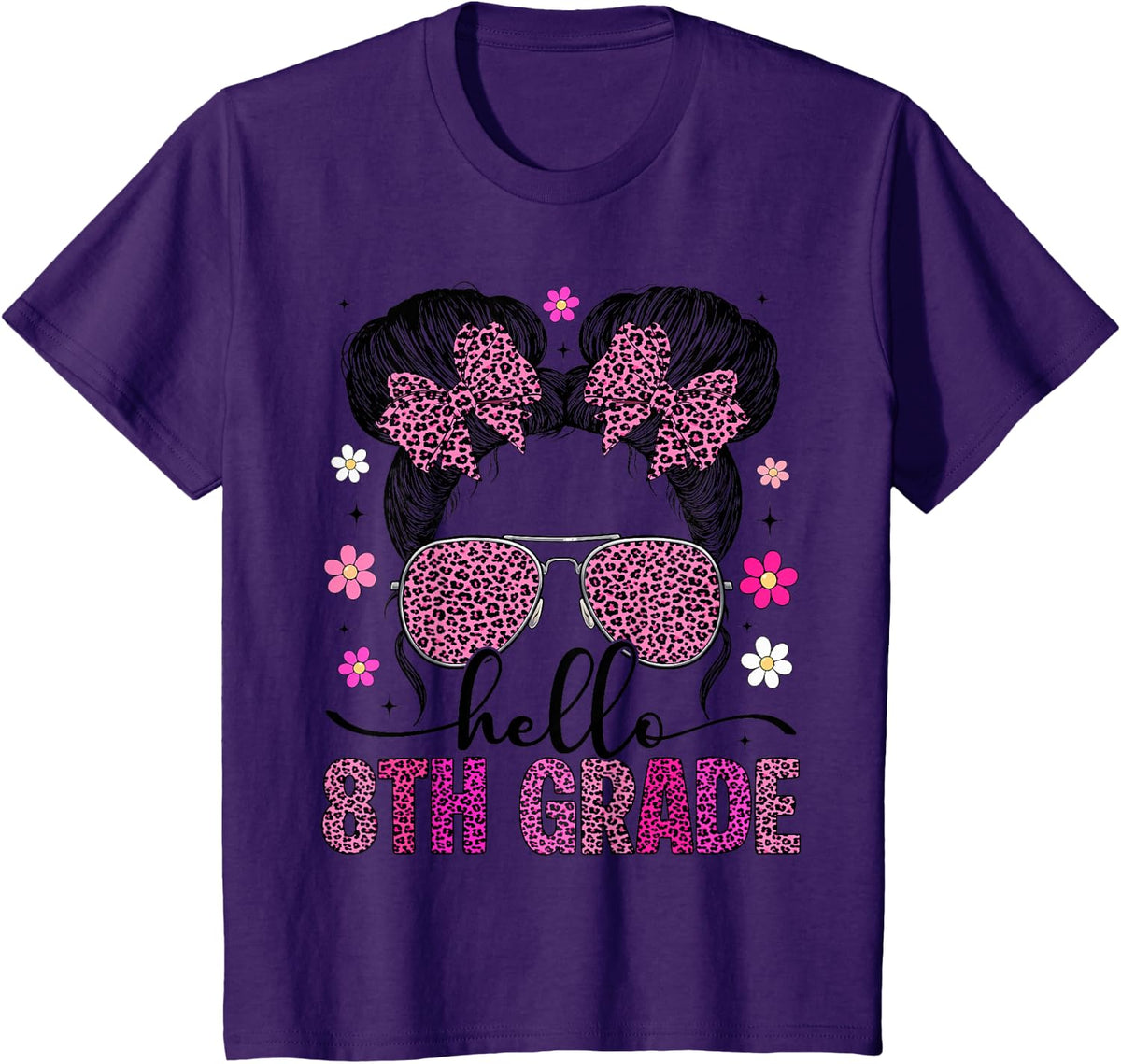 Hello 8th Grade Cute Messy Bun Girls First Day of School T-Shirt - Purple