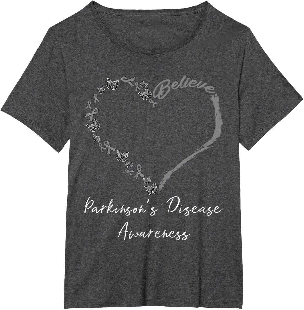 Believe Parkinsons Butterfly Gray Degenerative Disorder T-Shirt - Dark Heather Grey