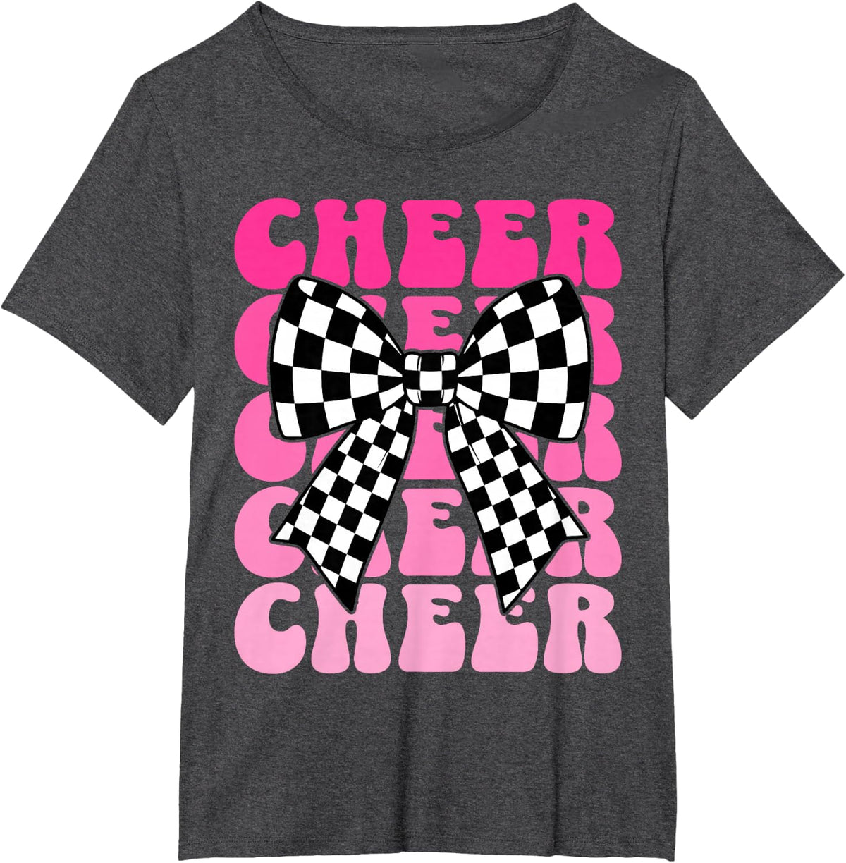 Coquette Cheer Bow Sport Groovy Pink Checkered Cheerleader T-Shirt - Dark Heather Grey
