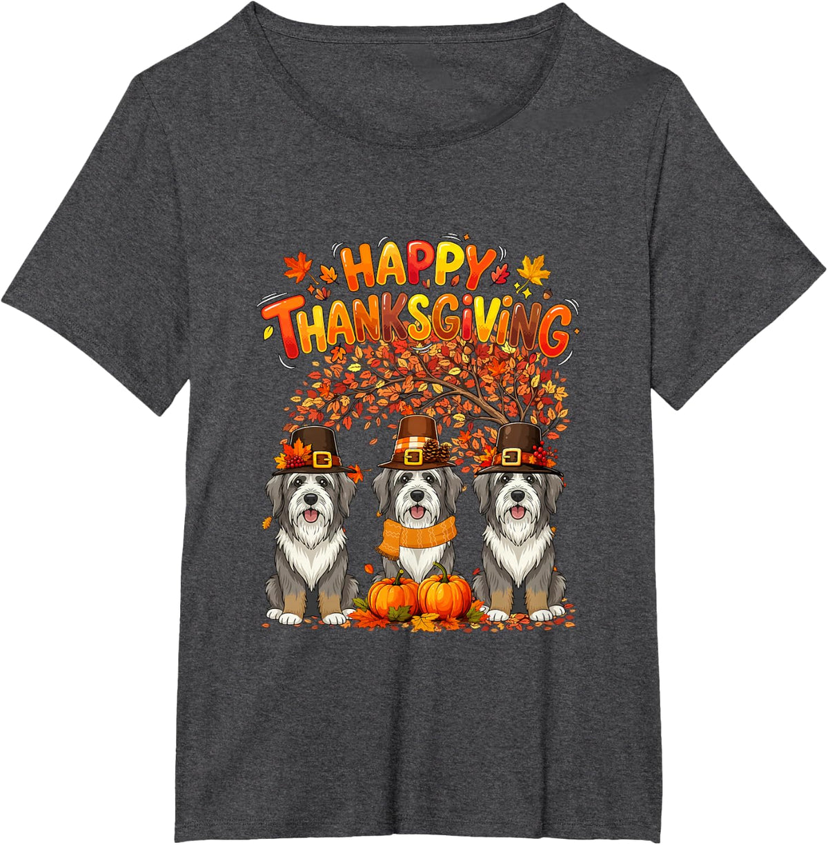 Three Cute Bearded Collies Thanksgiving Fall Tree Owner T-Shirt - Dark Heather Grey