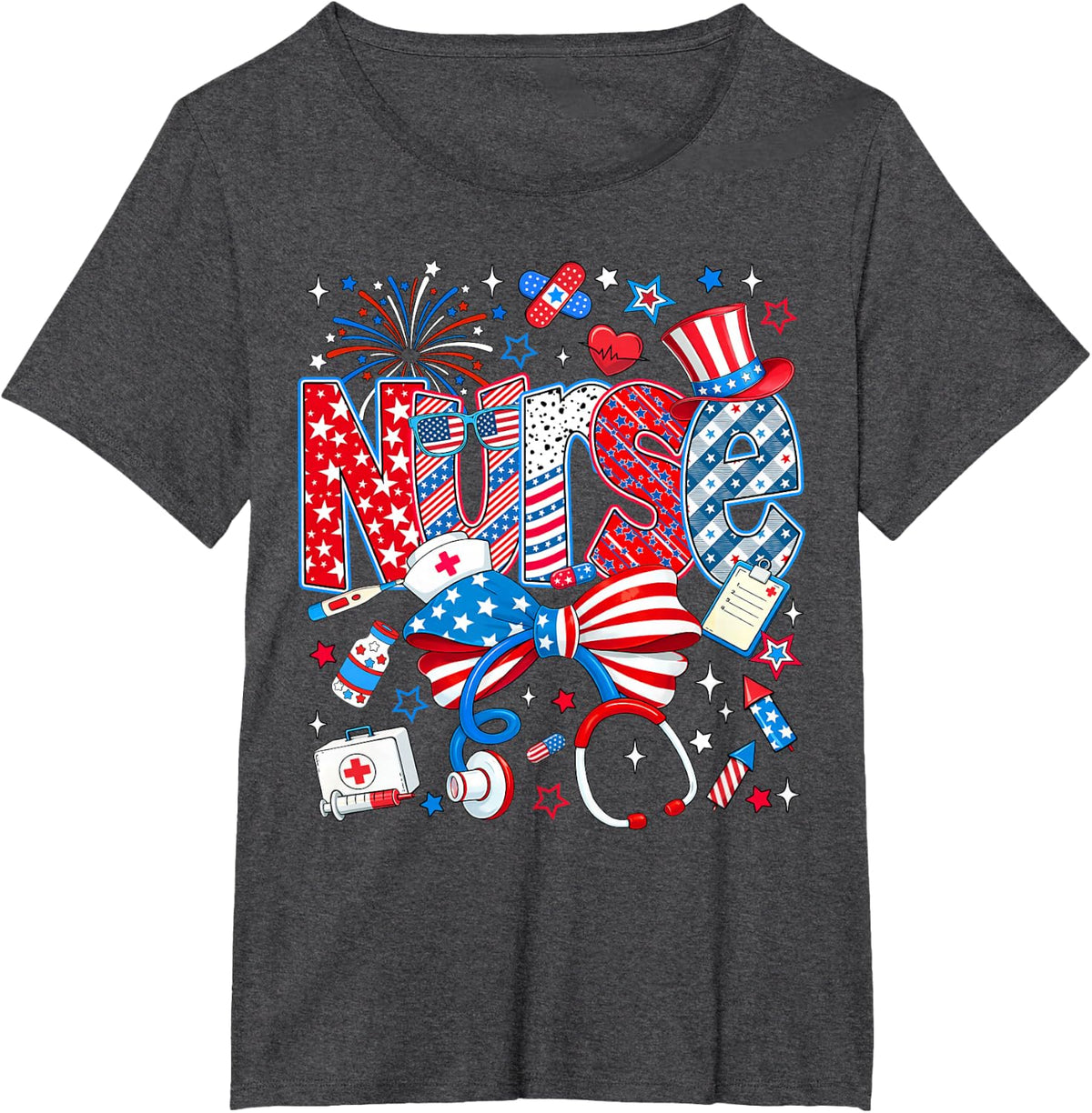 Nurse 4th of July Coquette Stethoscope USA Patriotic Nursing T-Shirt - Dark Heather Grey