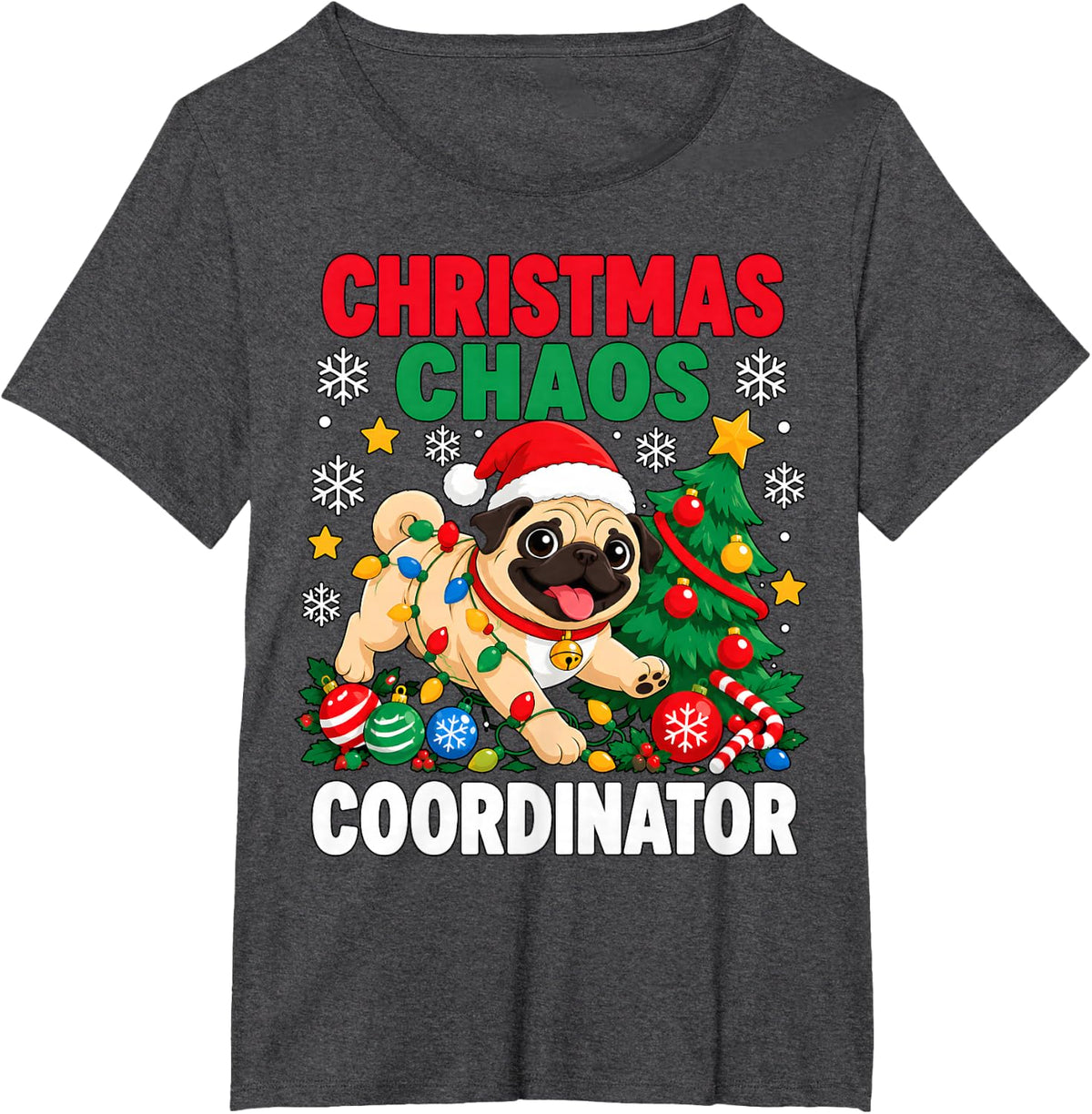 Christmas Chaos Coordinator Pug Santa Hat Xmas Lights T-Shirt - Dark Heather Grey