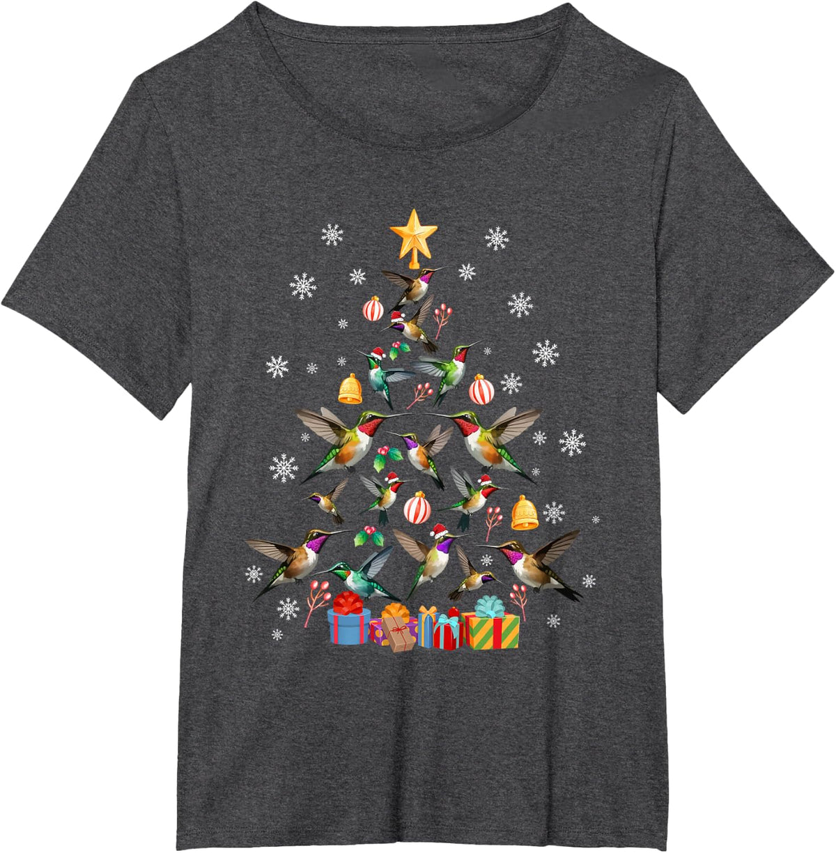 Unisex-Kids Teens Adults Hummingbird Christmas Tree Black T-Shirt - Dark Heather Grey